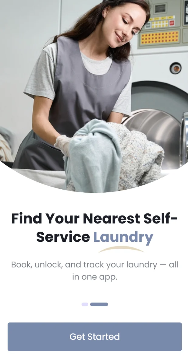 ROBI Wash app welcome screen: find your nearest self-service laundry