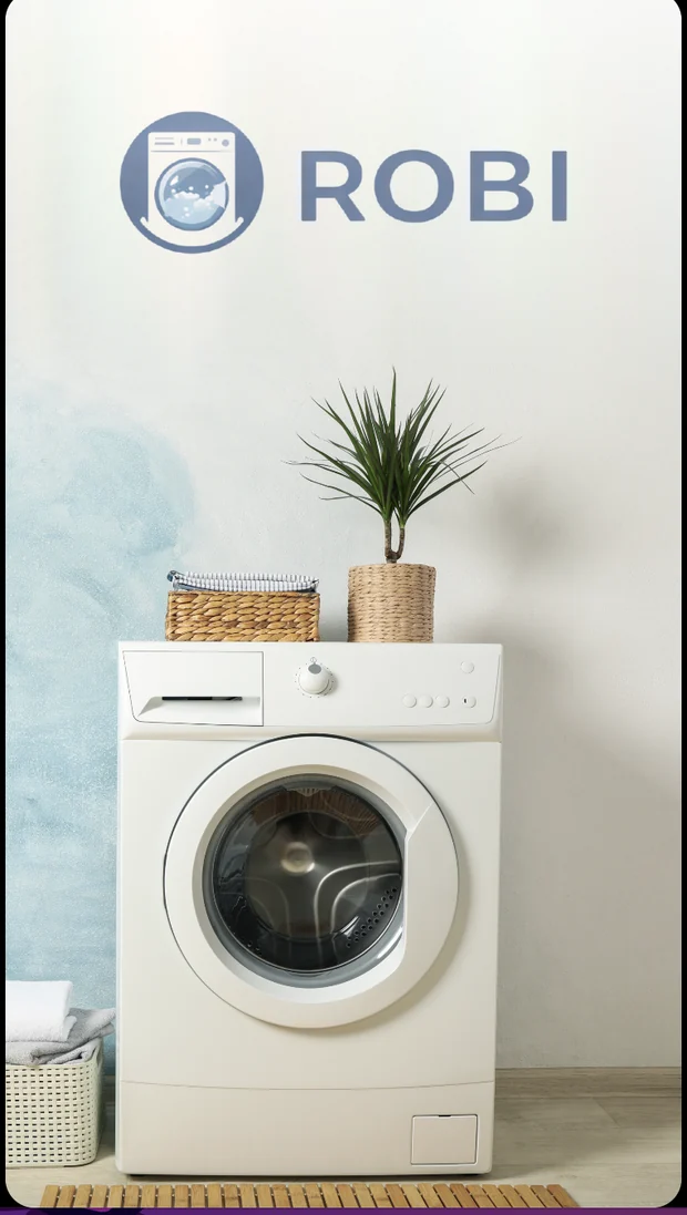 ROBI Wash app splash screen showing the ROBI logo above a washing machine